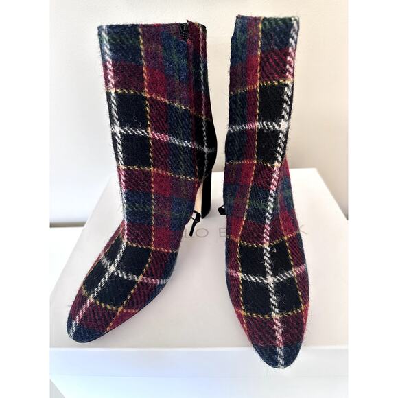 New Manolo Blahnik Boots Wool Plaid Multicolor Zipper Block Heel Sz 37 Womens - Picture 1 of 8